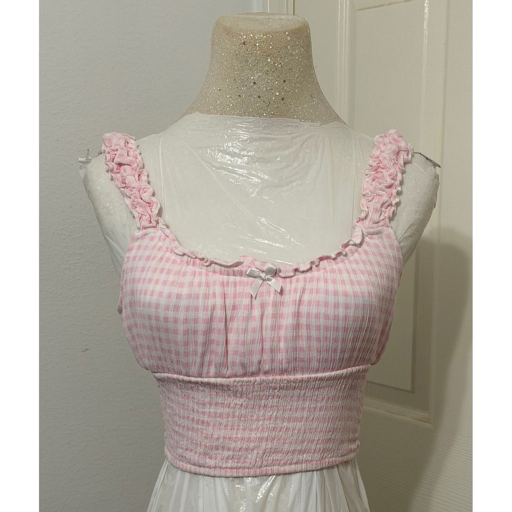 Rachel Paige Women's sz S Pink Gingham Smocked Crop Top Cottagecore coquette Y2K
